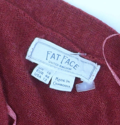 Fat Face Women Red Wool Cashmere Blend Long Sleeve Open Cardigan Size 16