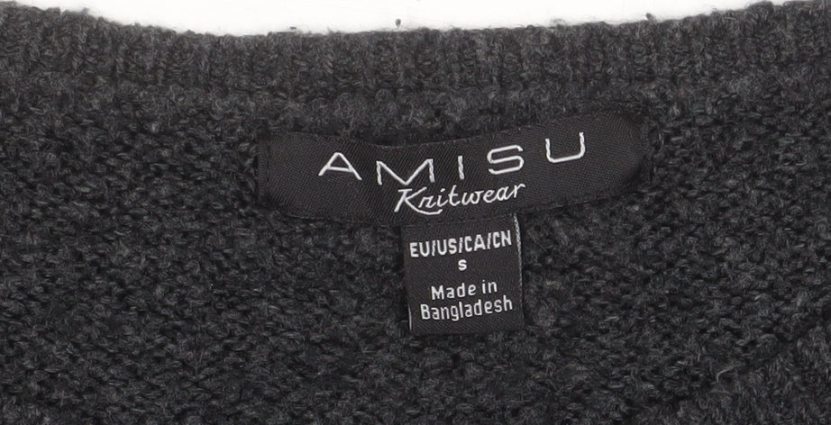 Amisu Women Grey Knit Pullover Jumper Size S Crew Neck Long Sleeve