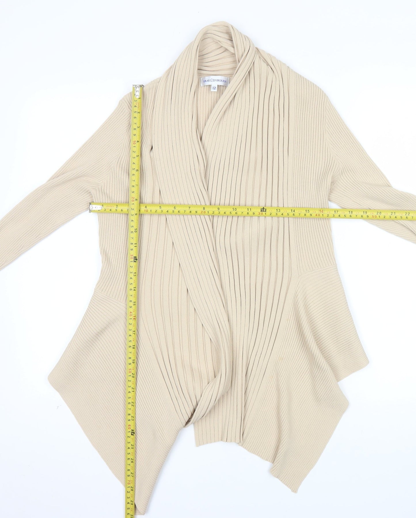 Gray & Osbourn Women's Beige Ribbed Long Sleeve Open Cardigan Size 12