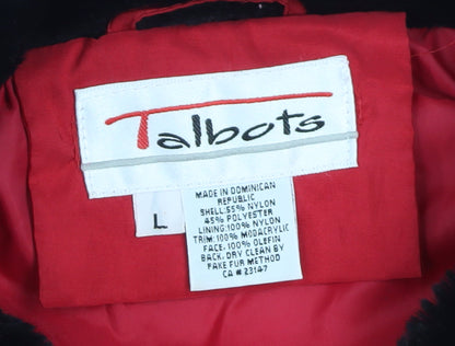 Talbots Women Red Faux Fur Collar Puffer Jacket Lined L Size