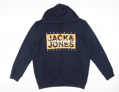 Jack & Jones Men’s Blue Pullover Hoodie XL Logo Graphic Fleece