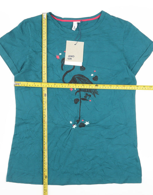 AND/OR Women’s Green Cotton Flamingo Print Short Sleeve T-Shirt Size 8