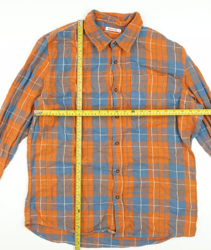MICLO Men's Orange Blue Check Flannel Cotton Long Sleeve Shirt XL