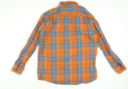 MICLO Men's Orange Blue Check Flannel Cotton Long Sleeve Shirt XL