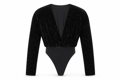 Missguided Women's Black Velvet Glitter Long Sleeve Bodysuit Size 4