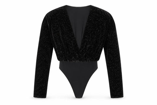 Missguided Women's Black Velvet Glitter Long Sleeve Bodysuit Size 4