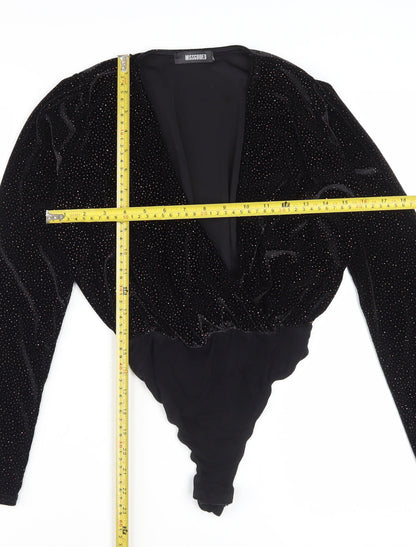 Missguided Women's Black Velvet Glitter Long Sleeve Bodysuit Size 4