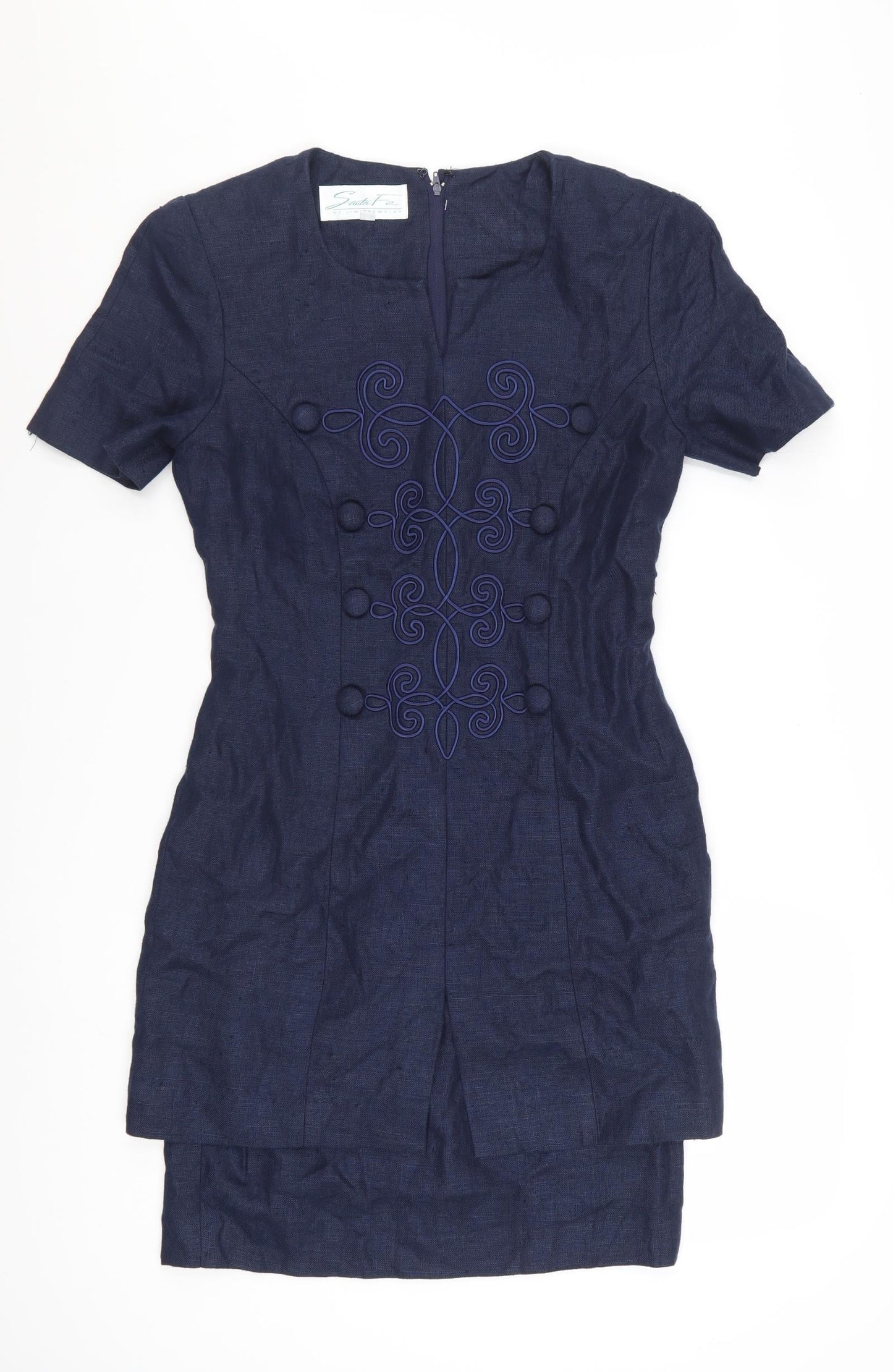 Santa Fe Women Blue Linen Shift Dress Short Sleeve Size 8