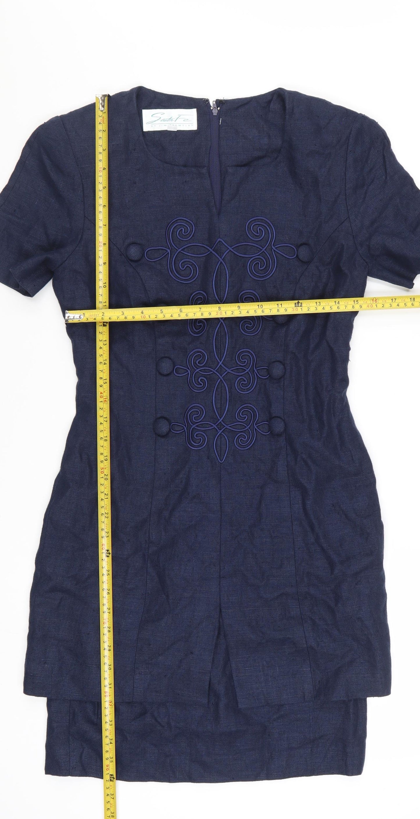Santa Fe Women Blue Linen Shift Dress Short Sleeve Size 8