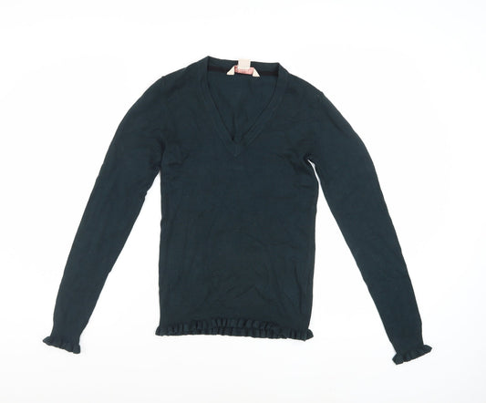 Mauvette Women Black V-Neck Long Sleeve Ruffle Knit Jumper Size 8