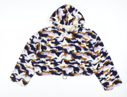 Monki Womens Multicoloured Camouflage Fleece Pullover Hoodie L