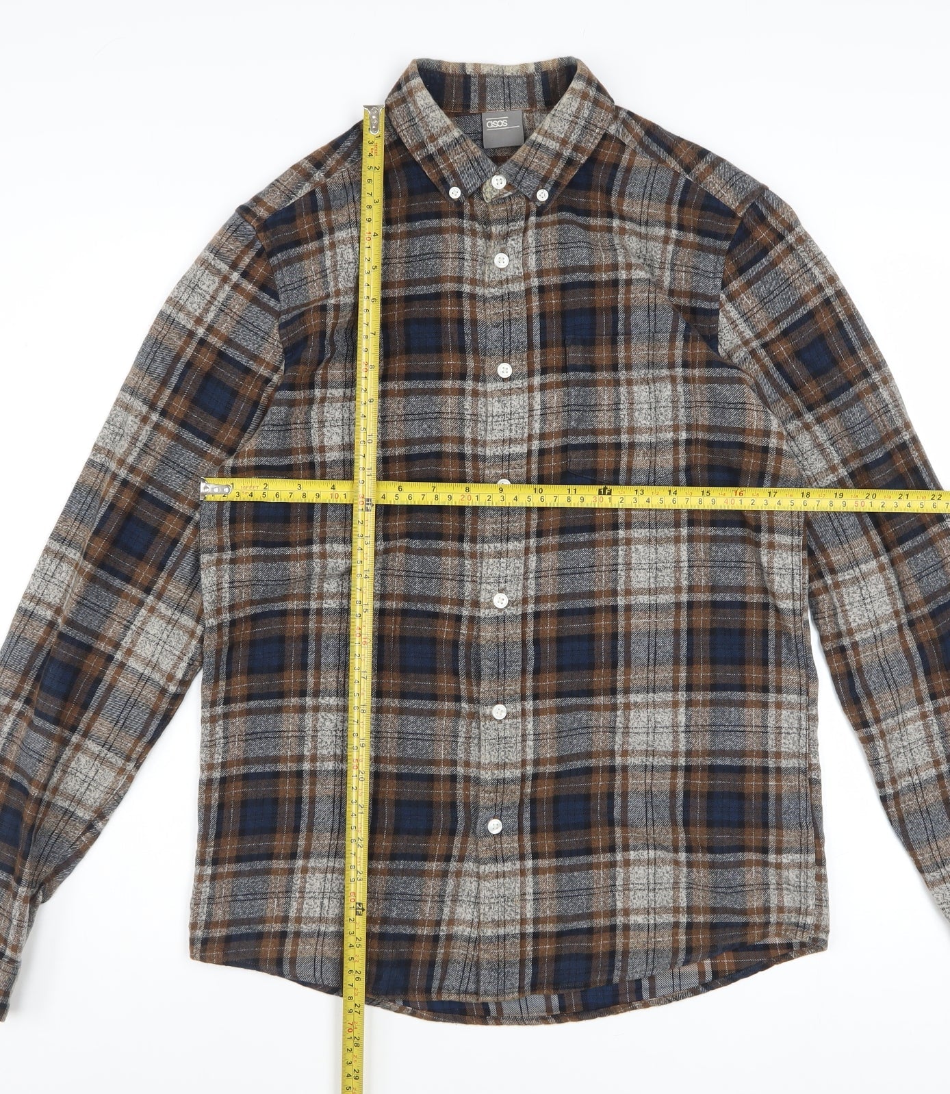ASOS Men's Brown Check Flannel Long Sleeve Button-Up Shirt Size S