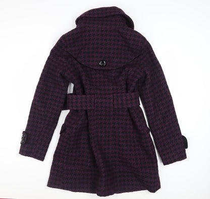 Miss Sixty Womens Purple Houndstooth Belted Wool Blend Pea Coat M