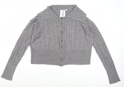 Collusion Women's Grey Cable-Knit Full Zip Collared Jumper UK 22