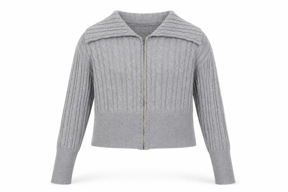 Collusion Women's Grey Cable-Knit Full Zip Collared Jumper UK 22