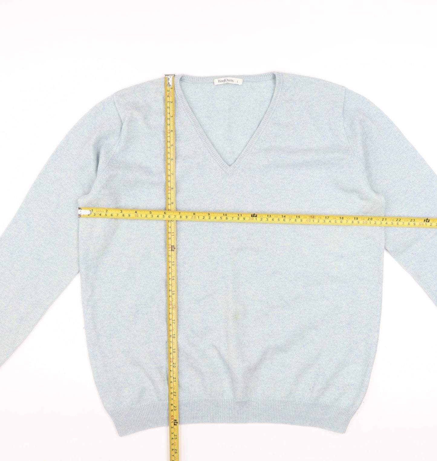 WoolOvers Women Blue L V-Neck Merino Cashmere Knit Jumper