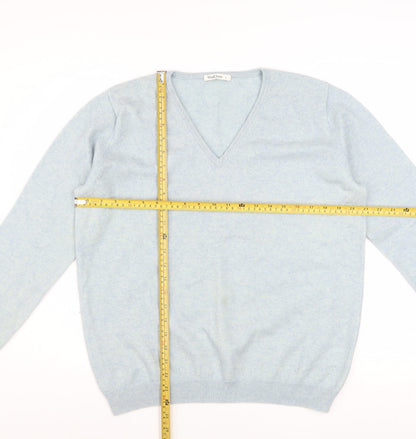 WoolOvers Women Blue L V-Neck Merino Cashmere Knit Jumper