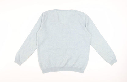 WoolOvers Women Blue L V-Neck Merino Cashmere Knit Jumper