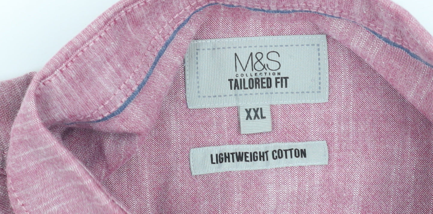Marks and Spencer Men's Pink 2XL Tailored Fit Short Sleeve Cotton Shirt