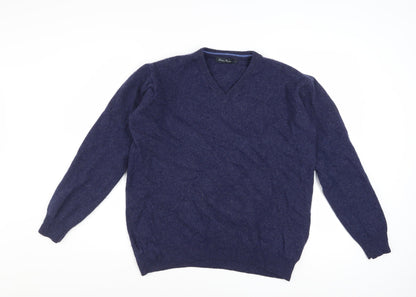 James Pringle Men's Blue Wool V-Neck Jumper Size L Classic Knit