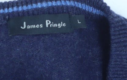 James Pringle Men's Blue Wool V-Neck Jumper Size L Classic Knit