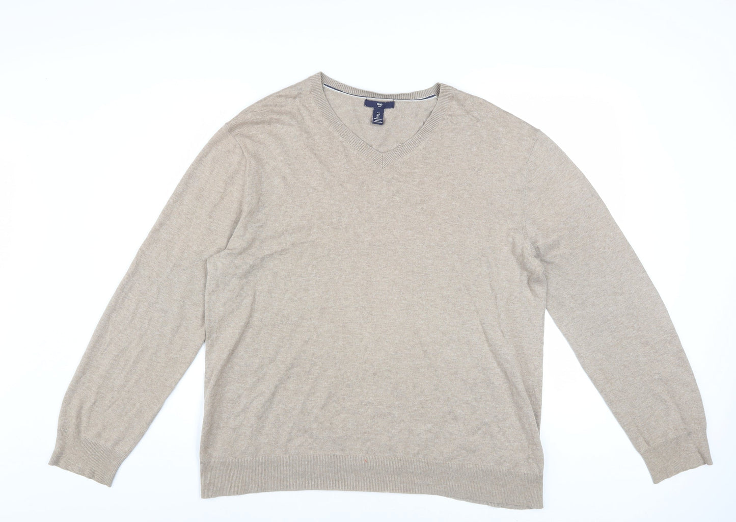 Gap Men’s Beige Cotton V-Neck Jumper Size L Classic Knit