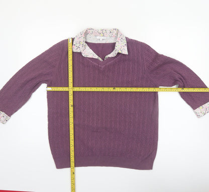 Lakeland Women Purple Cable-Knit Cotton Jumper Size 14 V-Neck