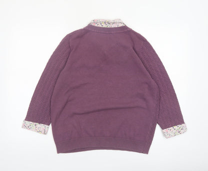 Lakeland Women Purple Cable-Knit Cotton Jumper Size 14 V-Neck
