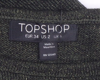 Topshop Women’s Green Metallic Knit Short Sleeve T-Shirt UK 6