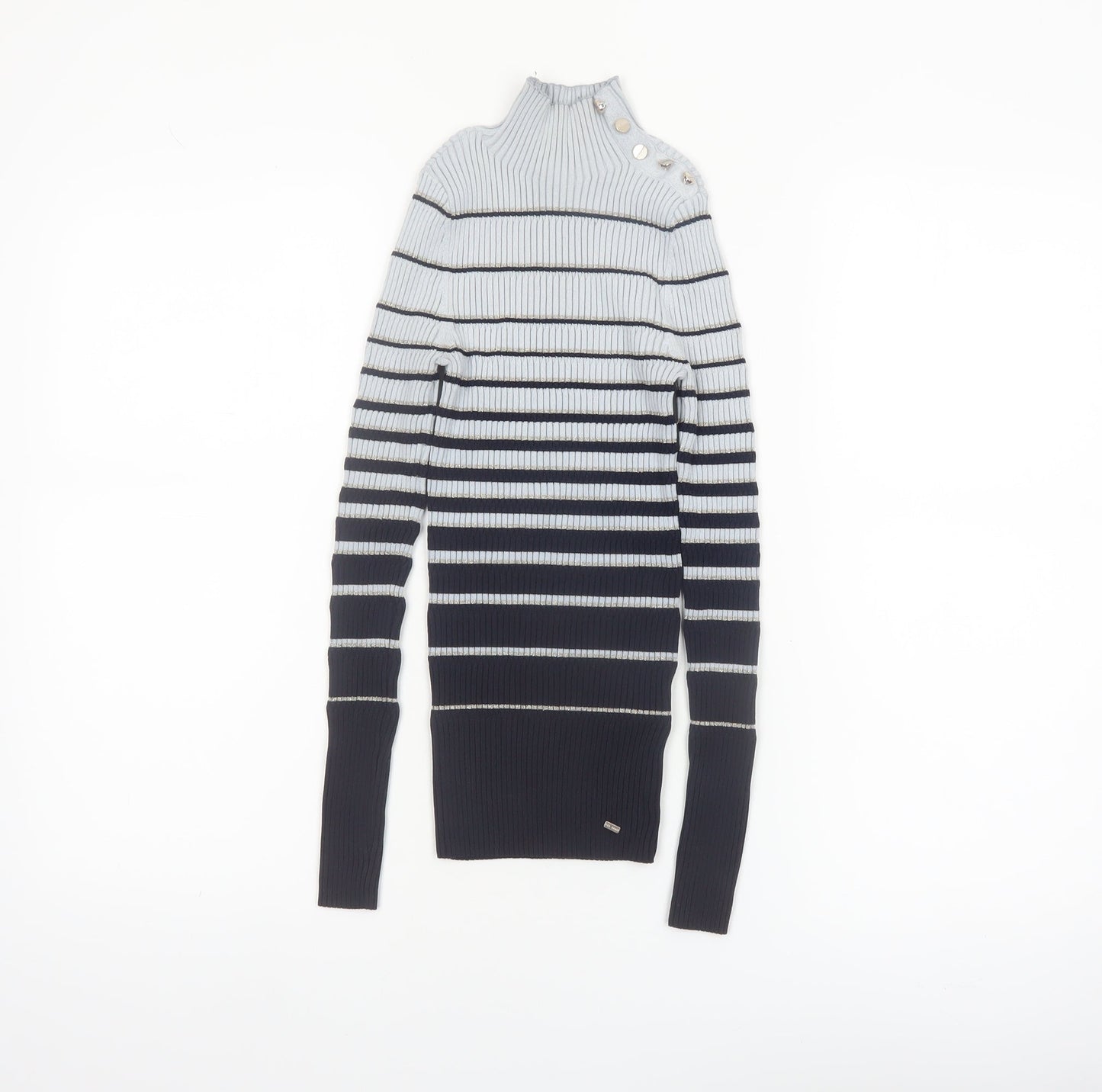 Ted Baker Women Grey & Navy Striped Mock Neck Ribbed Jumper Size XS