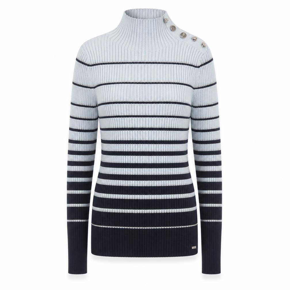 Ted Baker Women Grey & Navy Striped Mock Neck Ribbed Jumper Size XS