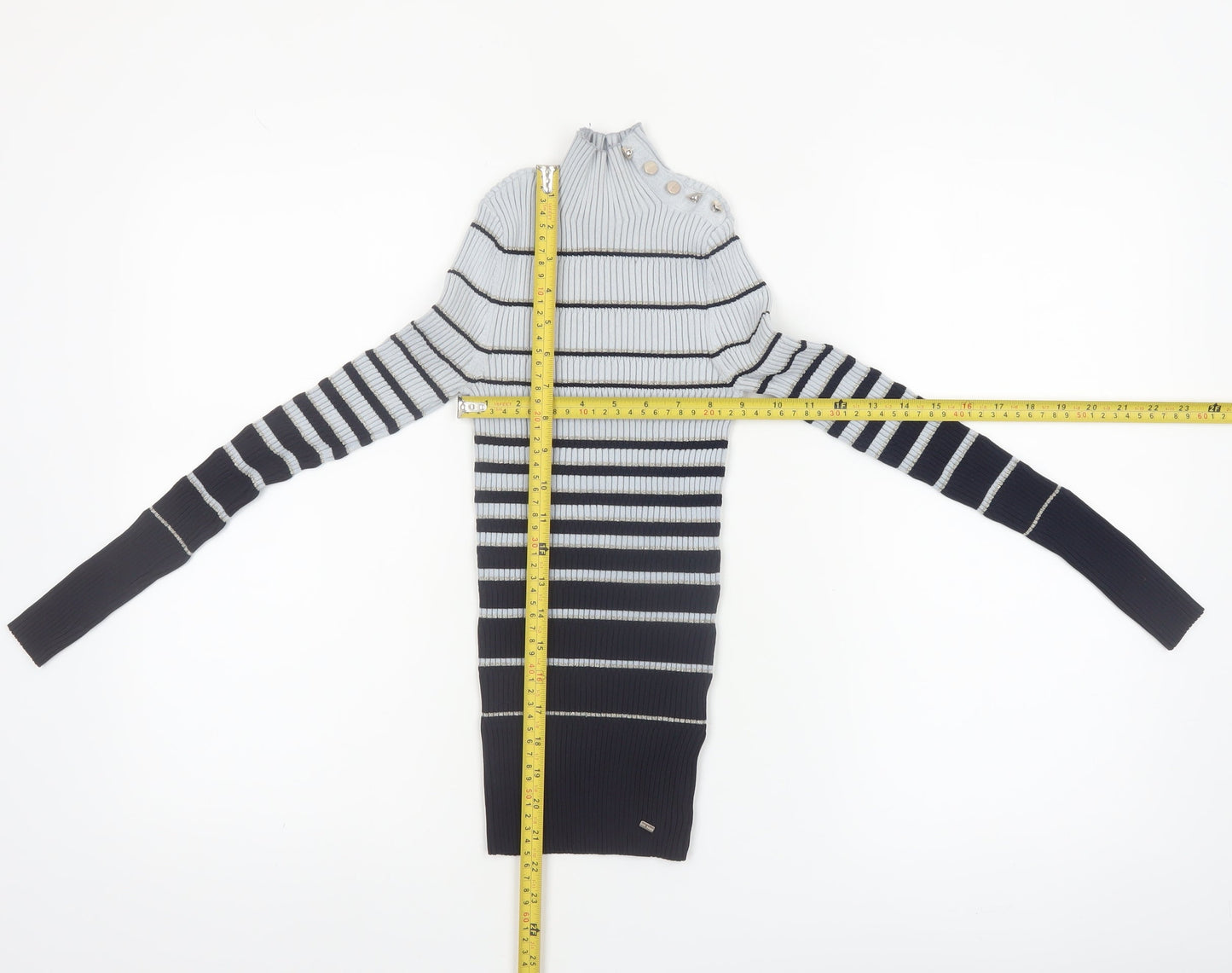 Ted Baker Women Grey & Navy Striped Mock Neck Ribbed Jumper Size XS