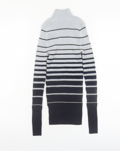 Ted Baker Women Grey & Navy Striped Mock Neck Ribbed Jumper Size XS