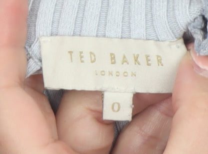 Ted Baker Women Grey & Navy Striped Mock Neck Ribbed Jumper Size XS