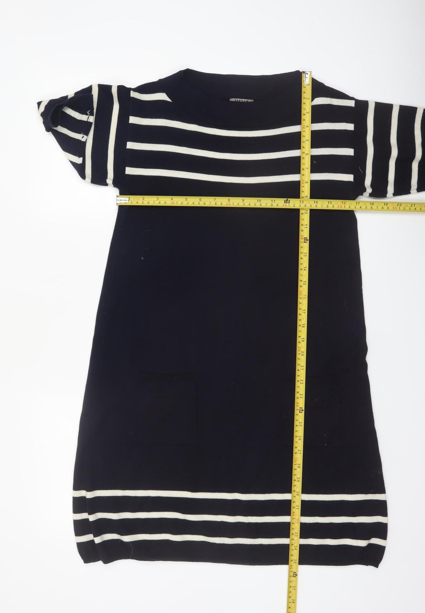 Jigsaw Women Blue Striped Wool Knit Shift Dress Size S