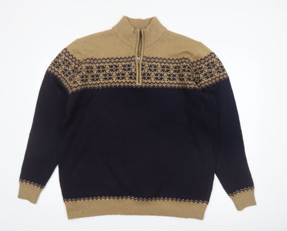 Kensington Eastside Men's Beige Blue Fair Isle Half Zip Jumper XL
