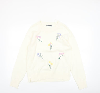 Bonmarché Women Ivory Embroidered Floral Cotton Jumper Size 10