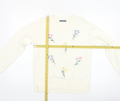 Bonmarché Women Ivory Embroidered Floral Cotton Jumper Size 10