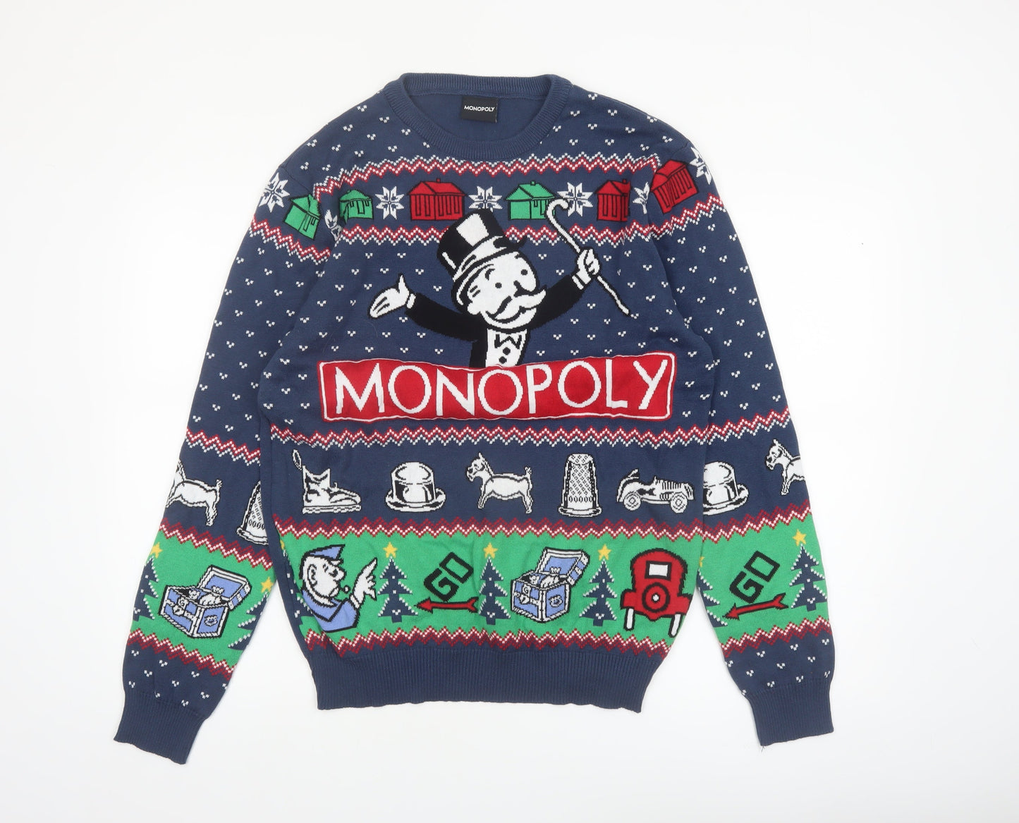 Monopoly Men's Blue Christmas Graphic Pullover Jumper Size L