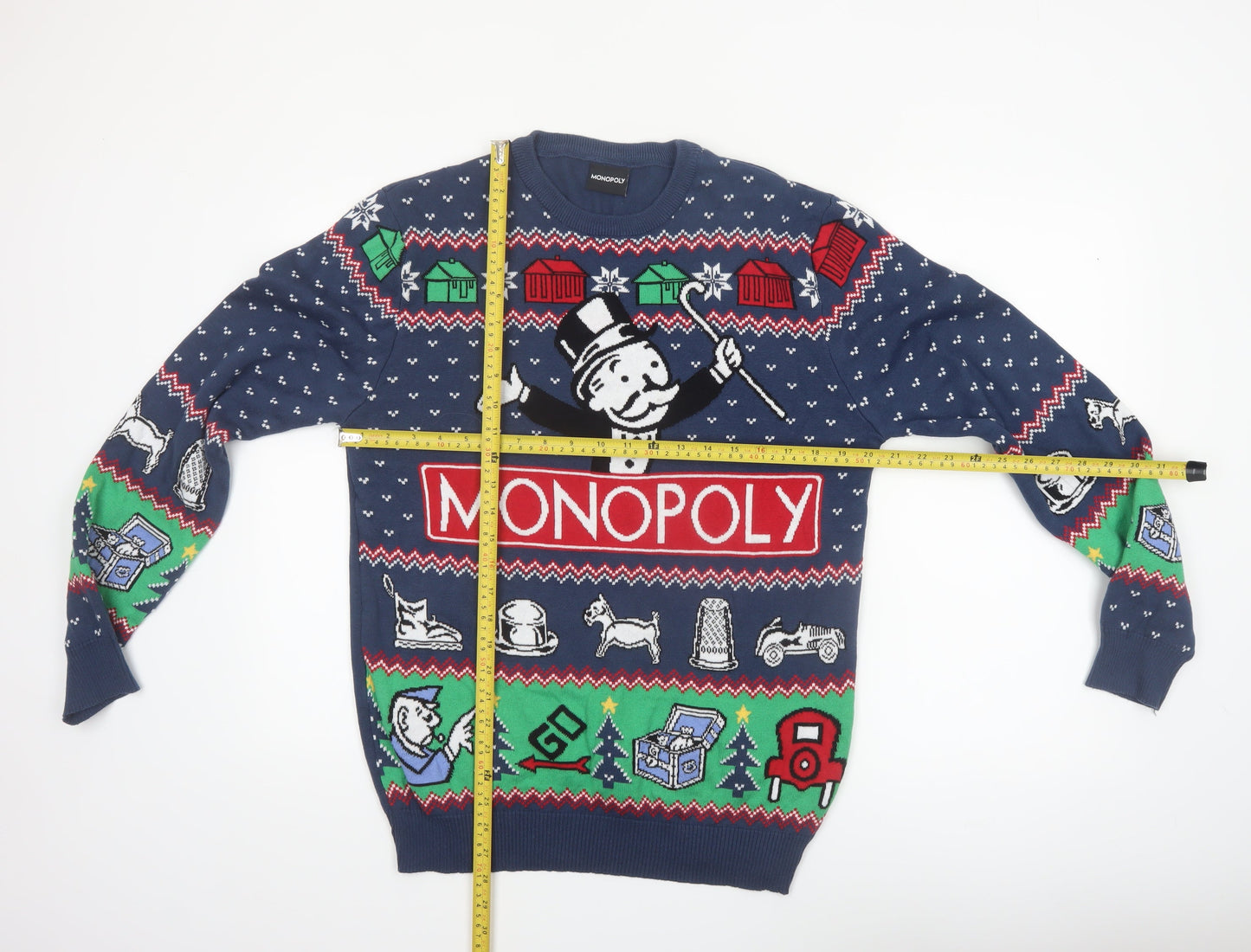 Monopoly Men's Blue Christmas Graphic Pullover Jumper Size L