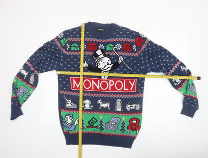Monopoly Men's Blue Christmas Graphic Pullover Jumper Size L