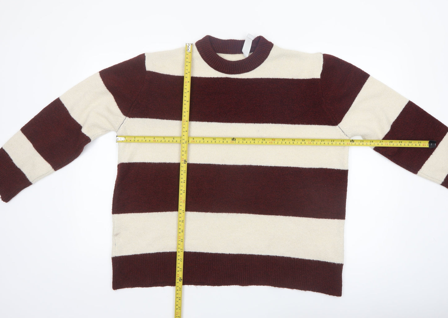 Stradivarius Women's Brown Striped Crew Neck Knit Jumper Size 10