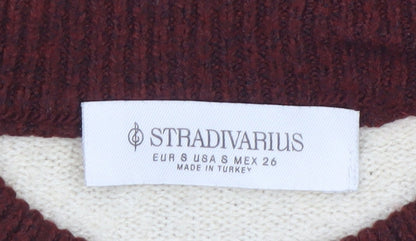 Stradivarius Women's Brown Striped Crew Neck Knit Jumper Size 10