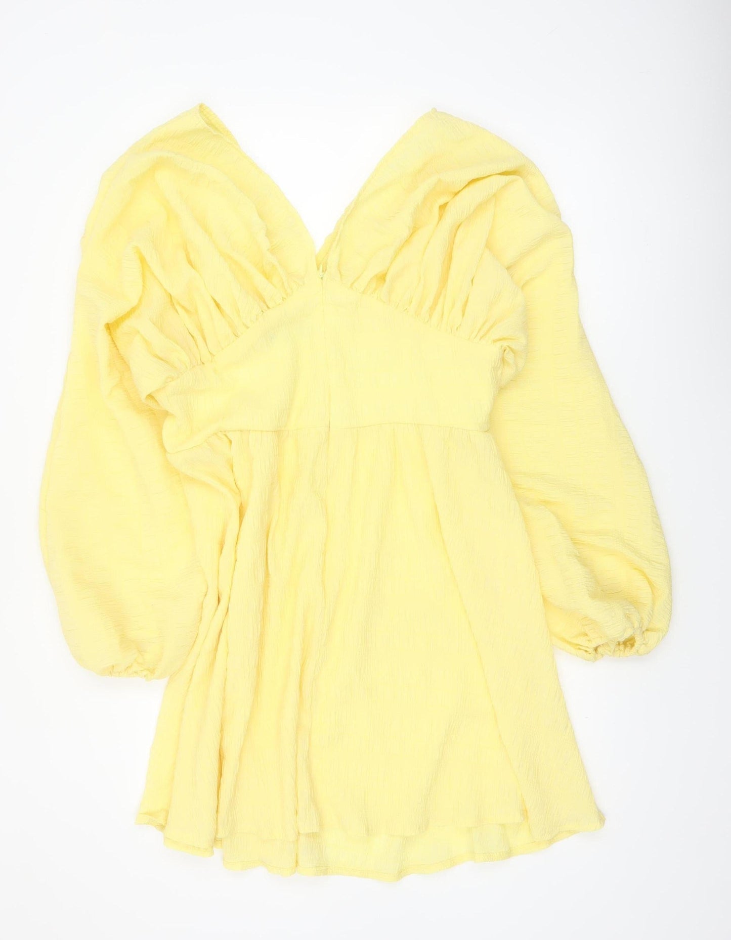 Boohoo Women Yellow A-Line Short Ruched V-Neck Dress Size 14