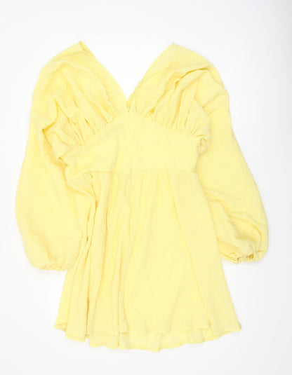 Boohoo Women Yellow A-Line Short Ruched V-Neck Dress Size 14