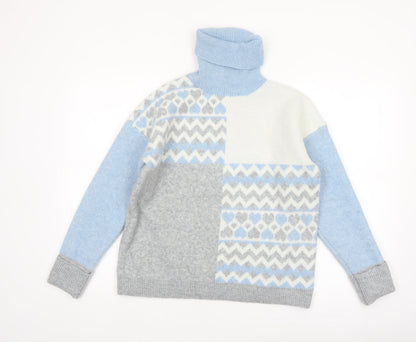 Oasis Women’s Blue Grey Fair Isle Roll Neck Jumper Size S