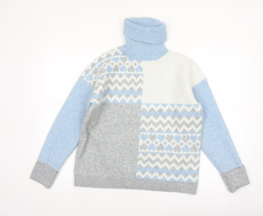 Oasis Women’s Blue Grey Fair Isle Roll Neck Jumper Size S