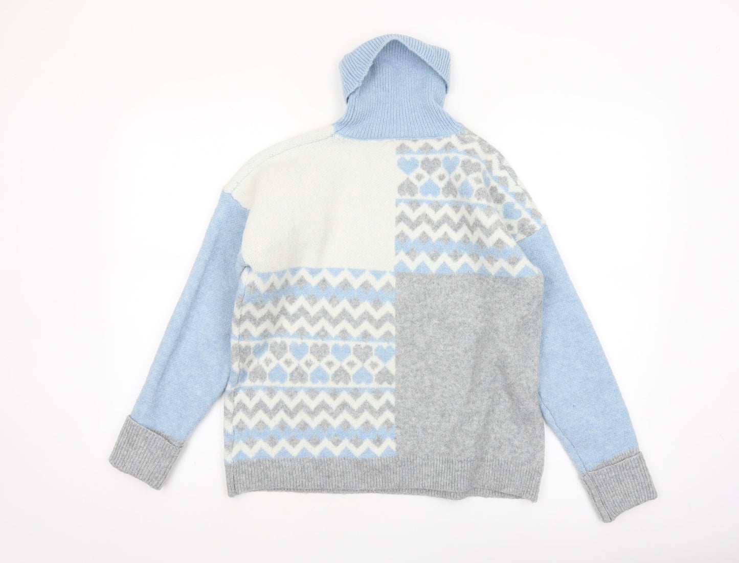 Oasis Women’s Blue Grey Fair Isle Roll Neck Jumper Size S