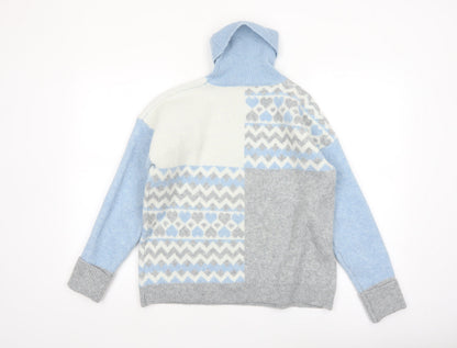Oasis Women’s Blue Grey Fair Isle Roll Neck Jumper Size S
