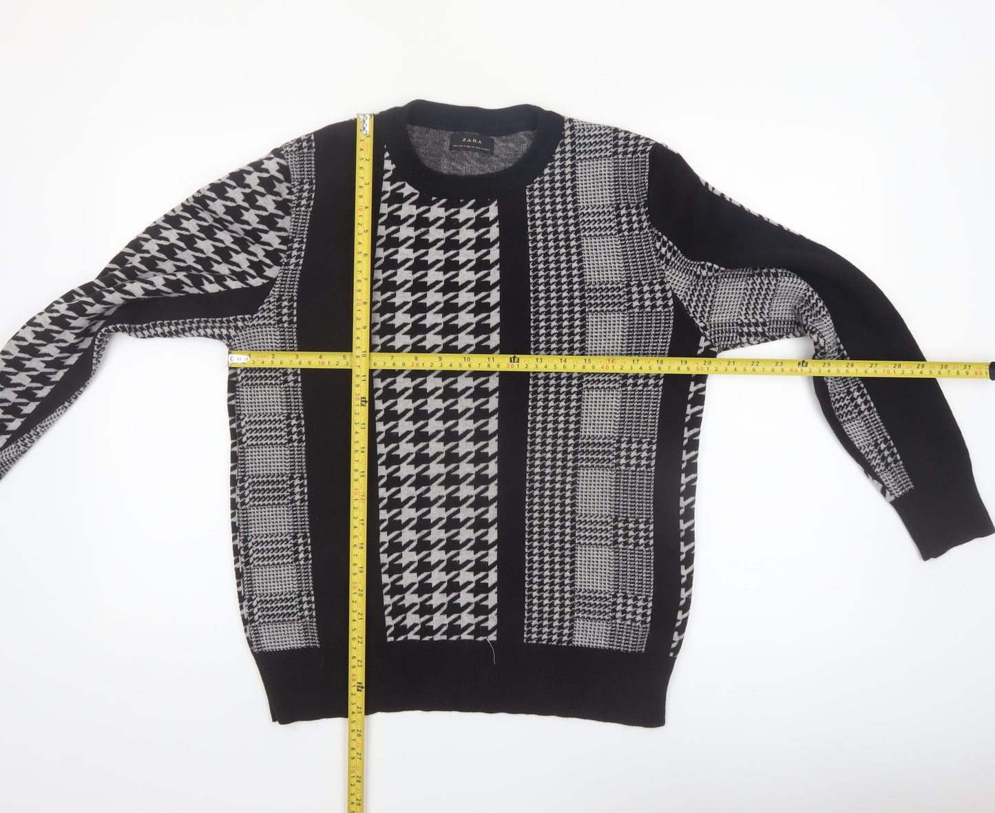 Zara Men's Black Houndstooth Knit Crew Neck Pullover Jumper M